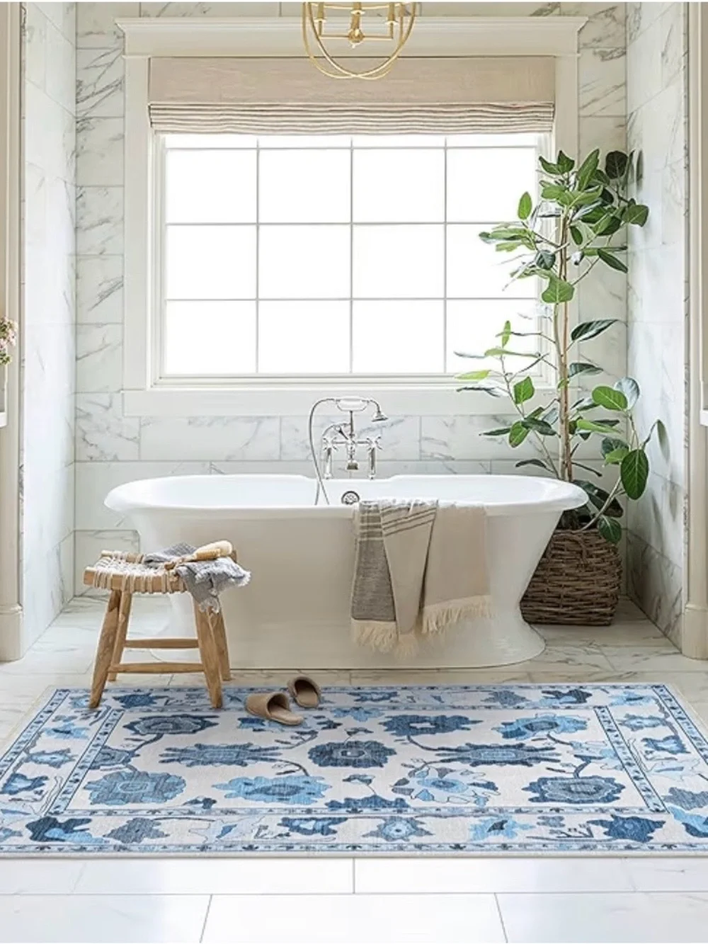 🌸H50 - Fame Blue Floral Runner Rug for Kitchen - Cream & Blue💙(STRG)